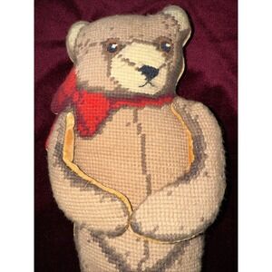 Vintage Completed  Teddy Bear 3-D Needlepoint for Pillow 11" Brown With Red Bow‎